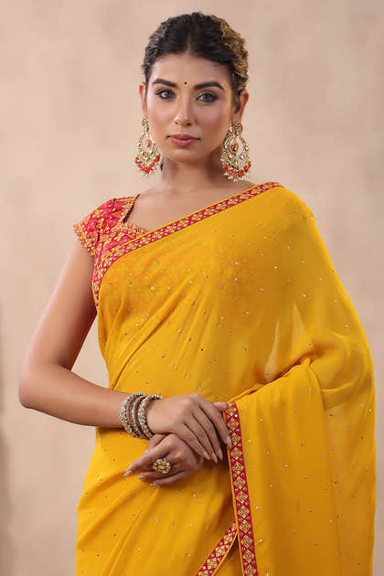 Mustard Color Mukesh Work Georgette Saree With Readymade Blouse