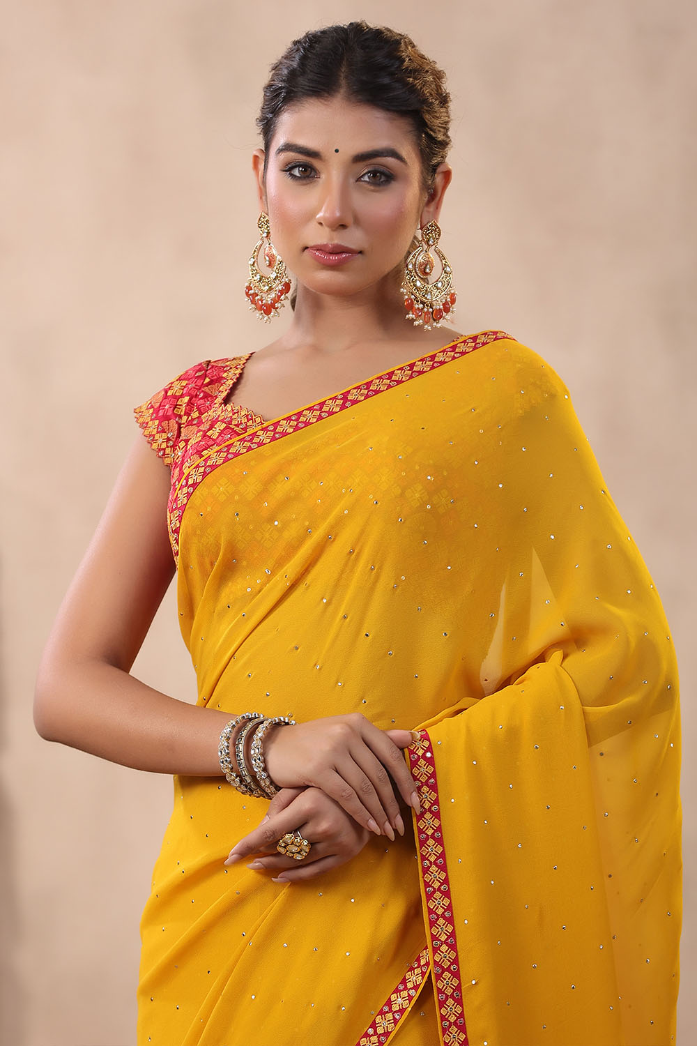 Mustard Color Mukesh Work Georgette Saree With Readymade Blouse