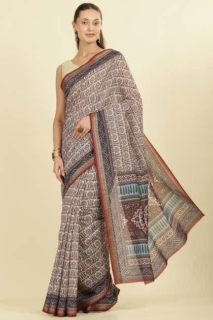 Brown Ajrakh Block Printed Cotton Saree
