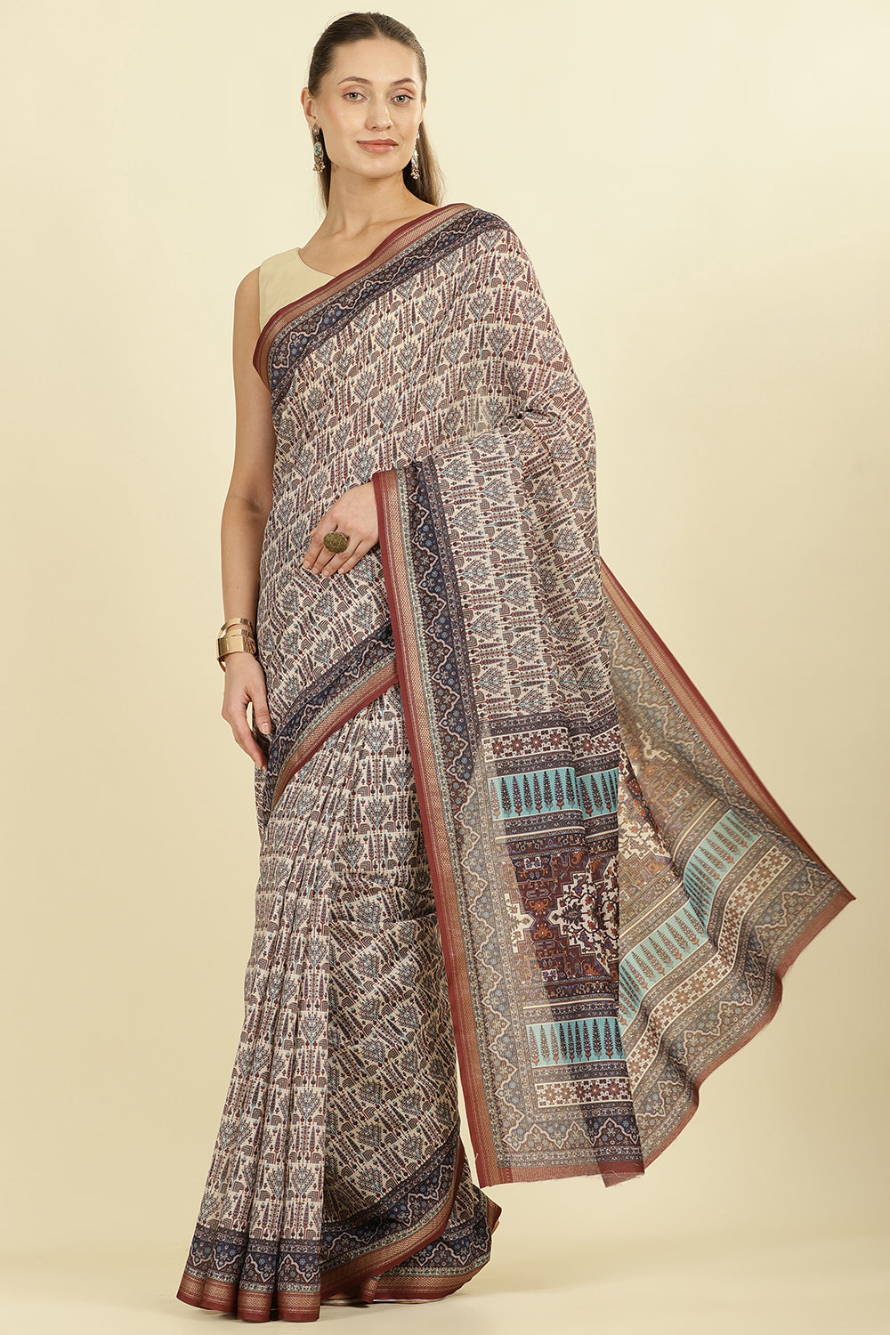 Brown Ajrakh Block Printed Cotton Saree