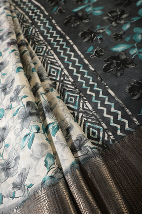 Teal & Cream Colour Floral Printed Cotton Silk Saree