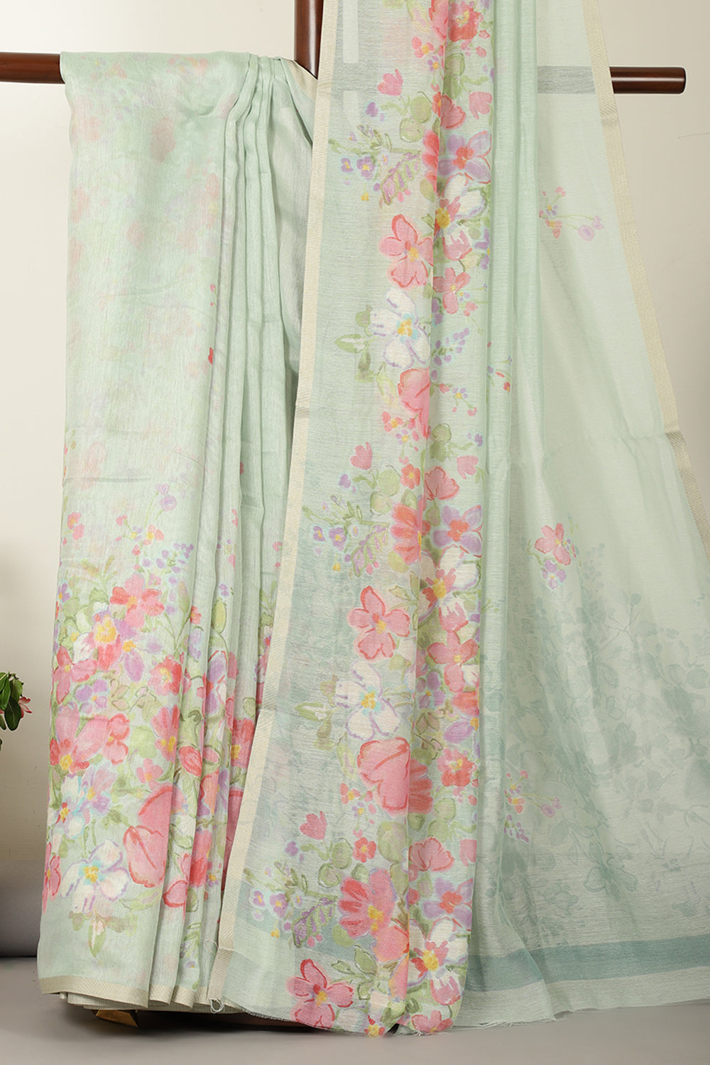 Seagreen Organza Cotton Floral Printed Saree
