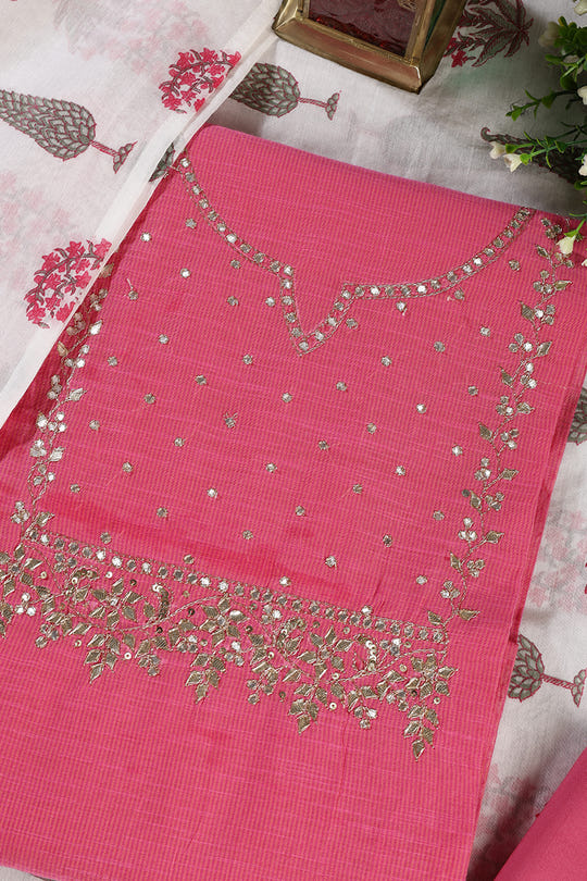 Pink Cotton Gota Patti and Zari Work Unstitched Suit Material