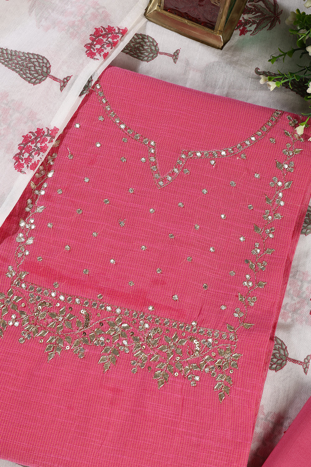 Pink Cotton Gota Patti and Zari Work Unstitched Suit Material