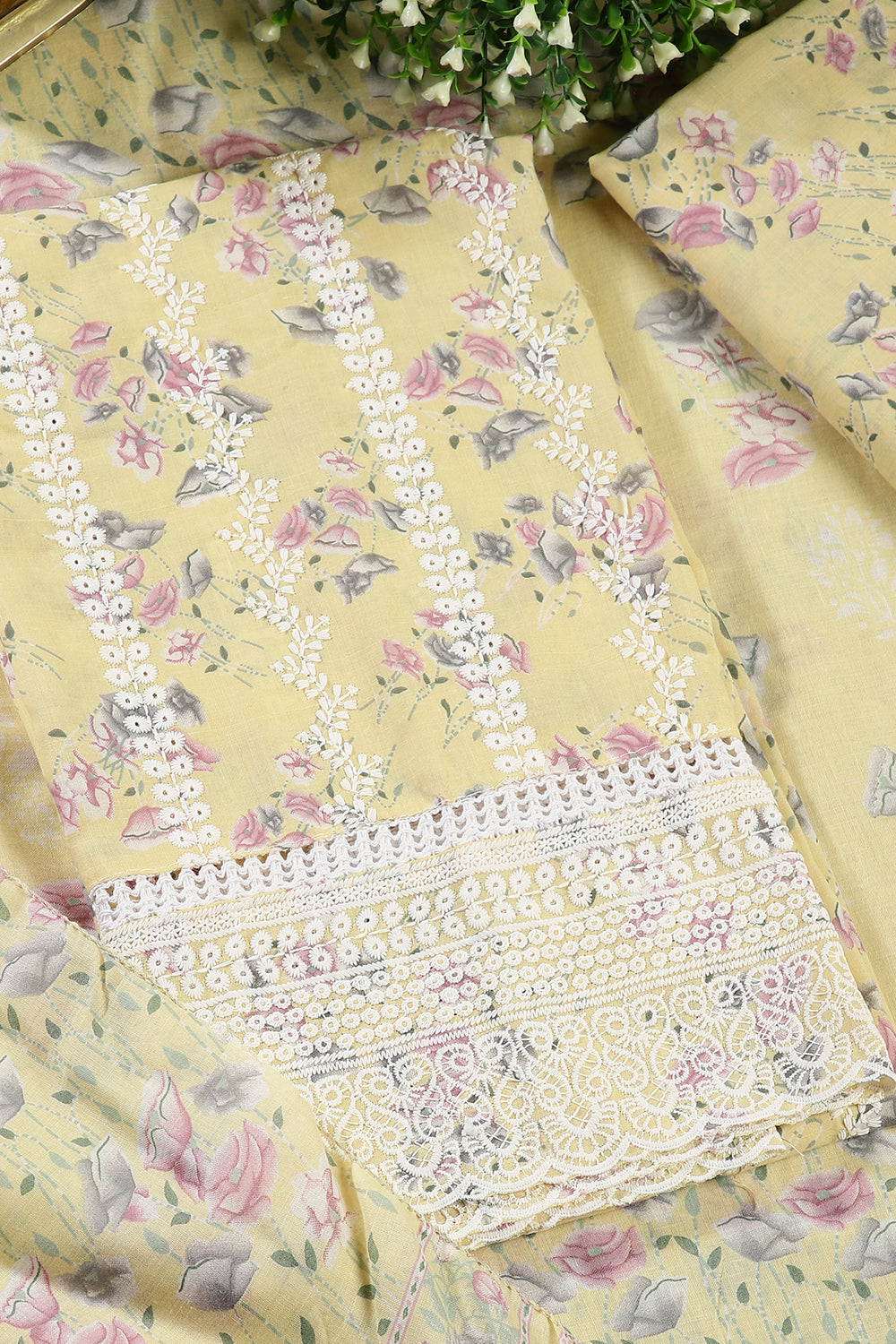 Pale Yellow Color Cotton Resham Embroidered And Lace Work Unstitched Suit Fabric