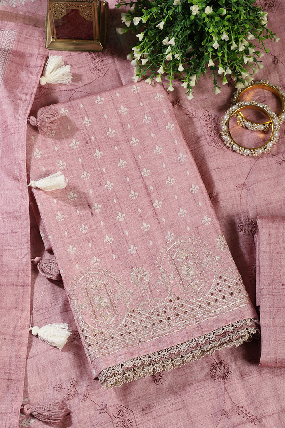 Pink Tussar Cotton Printed And Reham Embroidered Unstiched Suit Material