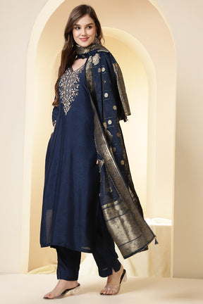 Wine Color Silk Suit Set With Neck Embroidered