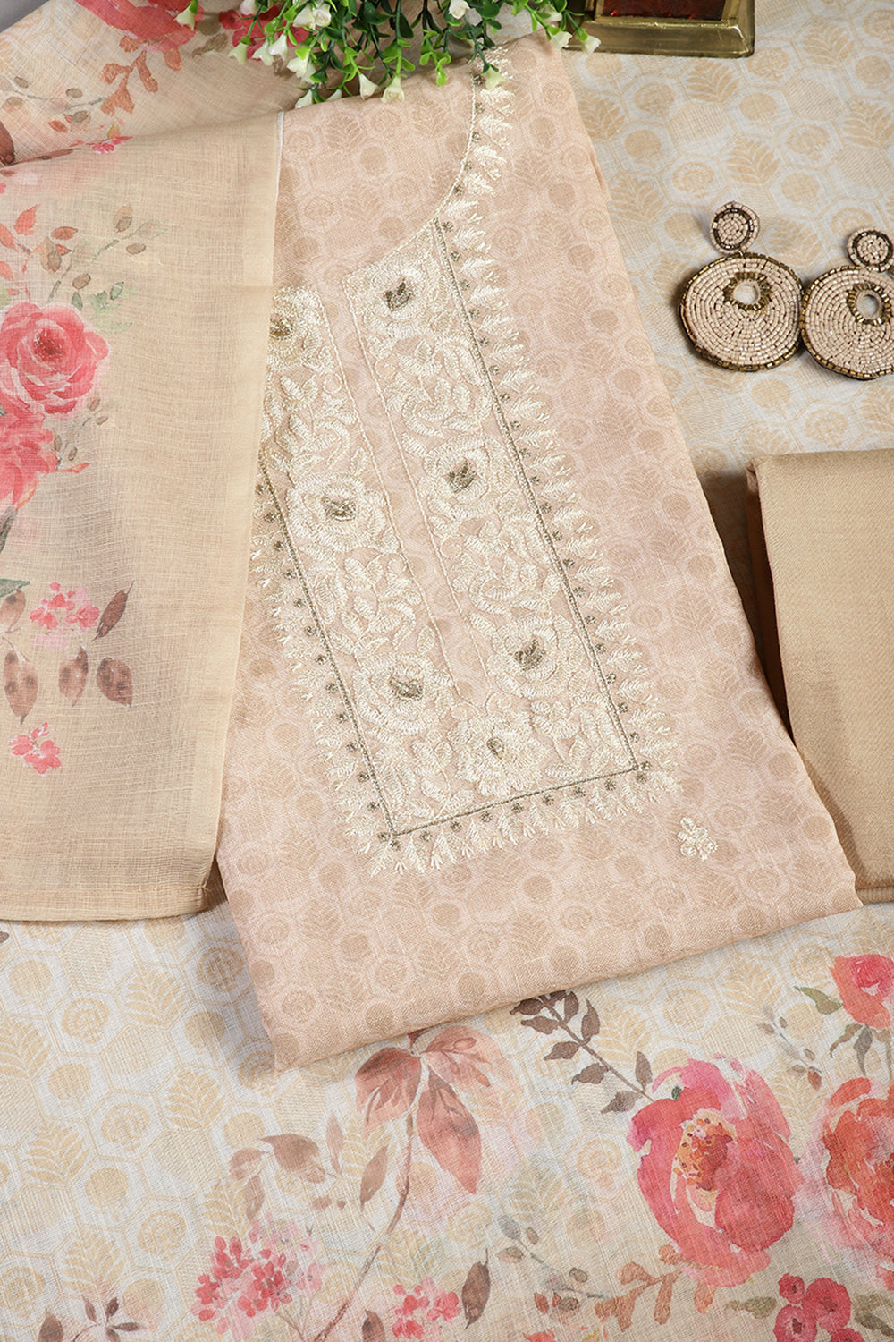 Tussar Color Linen Embroidery Self Print Unstitched Suit Material