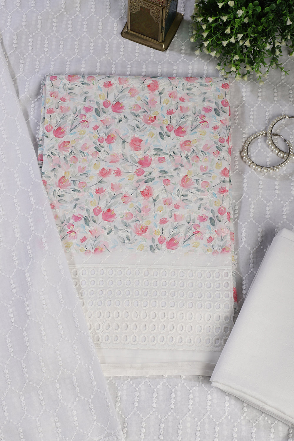 White & Pink Cotton Floral Printed and Resham Embroidered Unstitched Suit Material