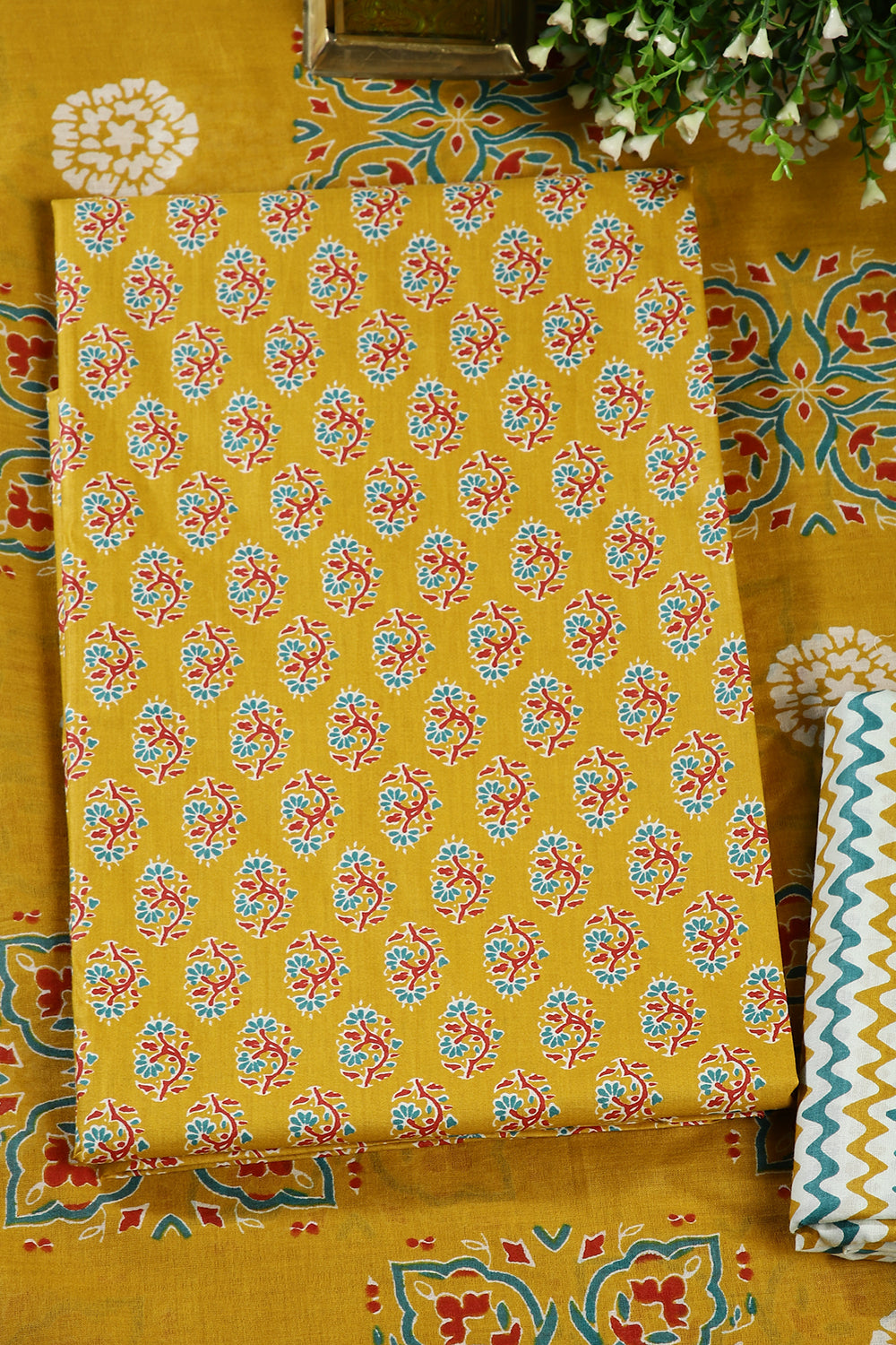 Mustard Color Cotton Printed Unstitched Suit