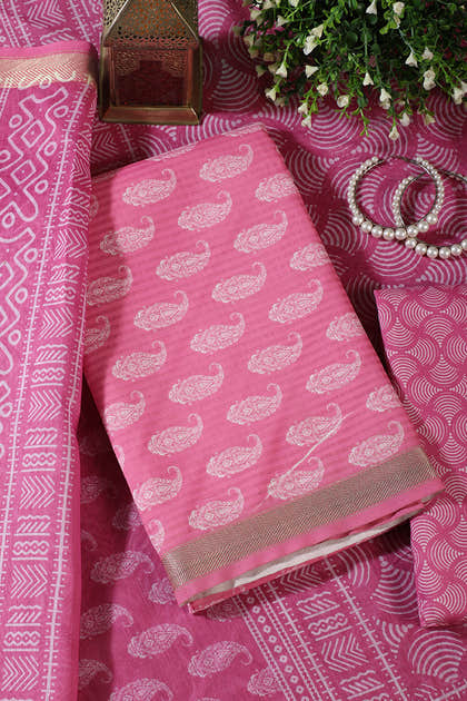 Pink Cotton Boota Block Print Unstitched Suit Fabric