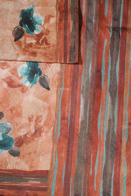 Rust Printed Tussar Silk Saree