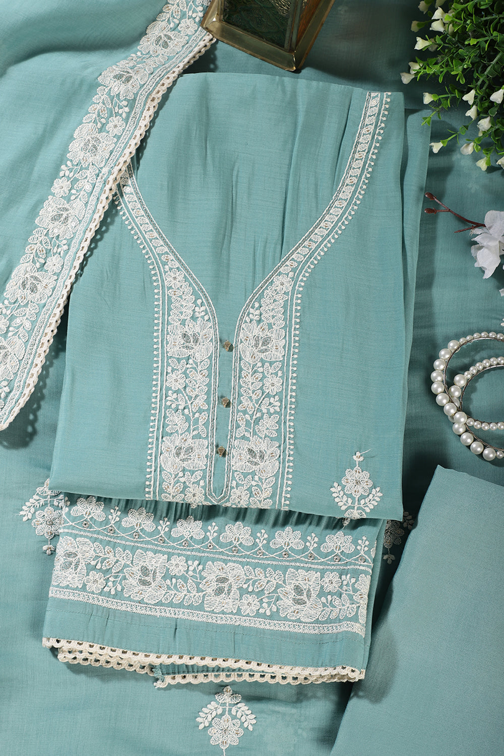 Sea Green Muslin Resham Embroidered Unstitched Suit Material