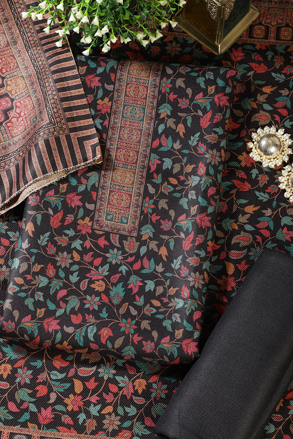 Black Pashmina Floral Printed Unstitched Suit Fabric