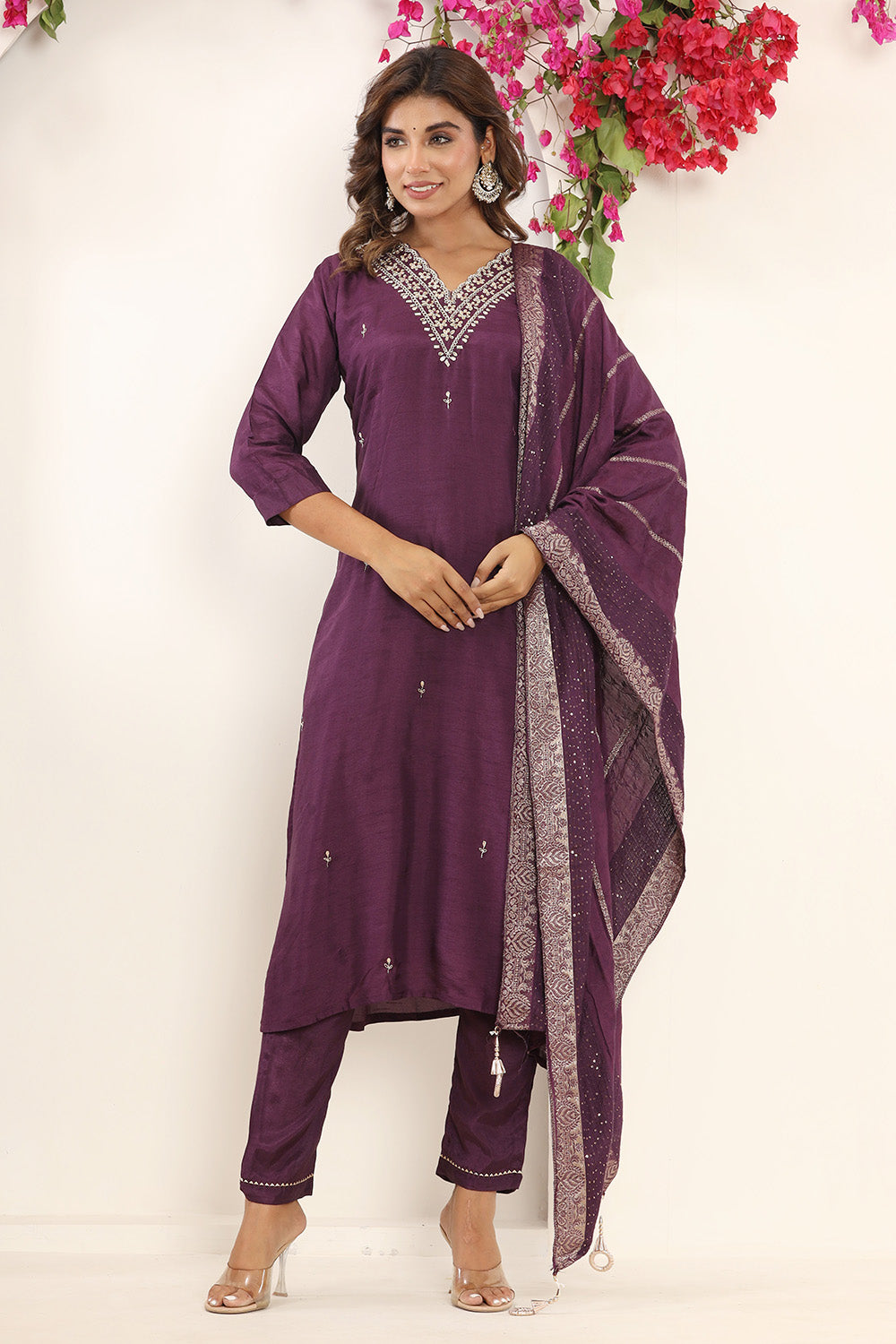 Purple Color Silk Neck Embroidered Straight Suit