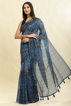 Blue Cotton Silk Printed Saree
