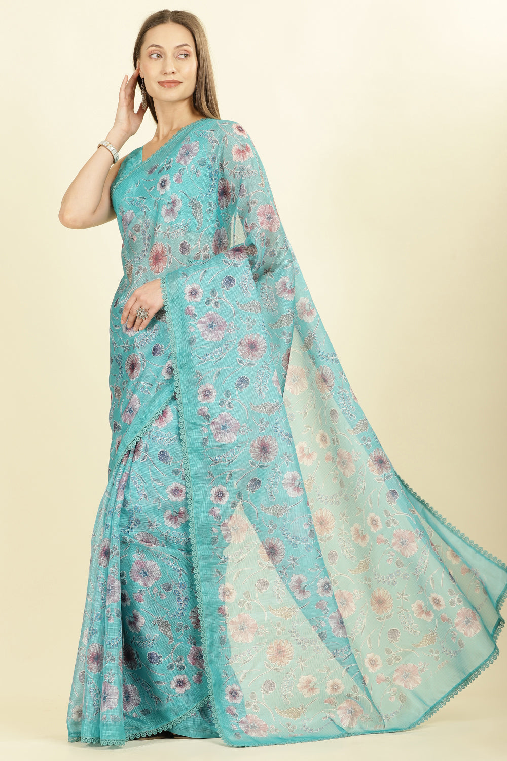 Sea Green Organza Floral Printed And Lace Work Saree
