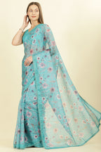 Sea Green Organza Floral Printed And Lace Work Saree