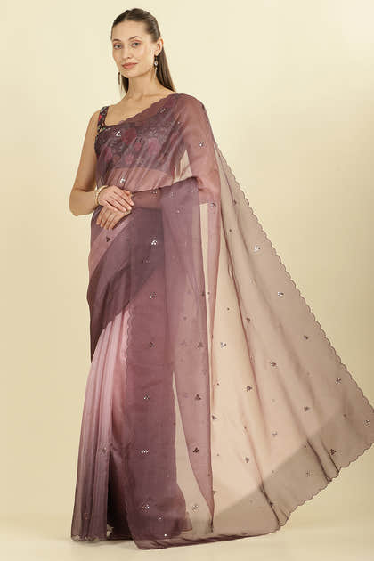Ombre Dusty Rose Organza Saree With Mirror Work
