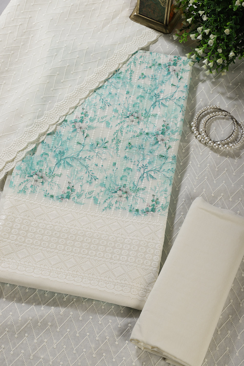 Cream & Teal Cotton Chikankari Work Floral Printed Unstitched Suit
