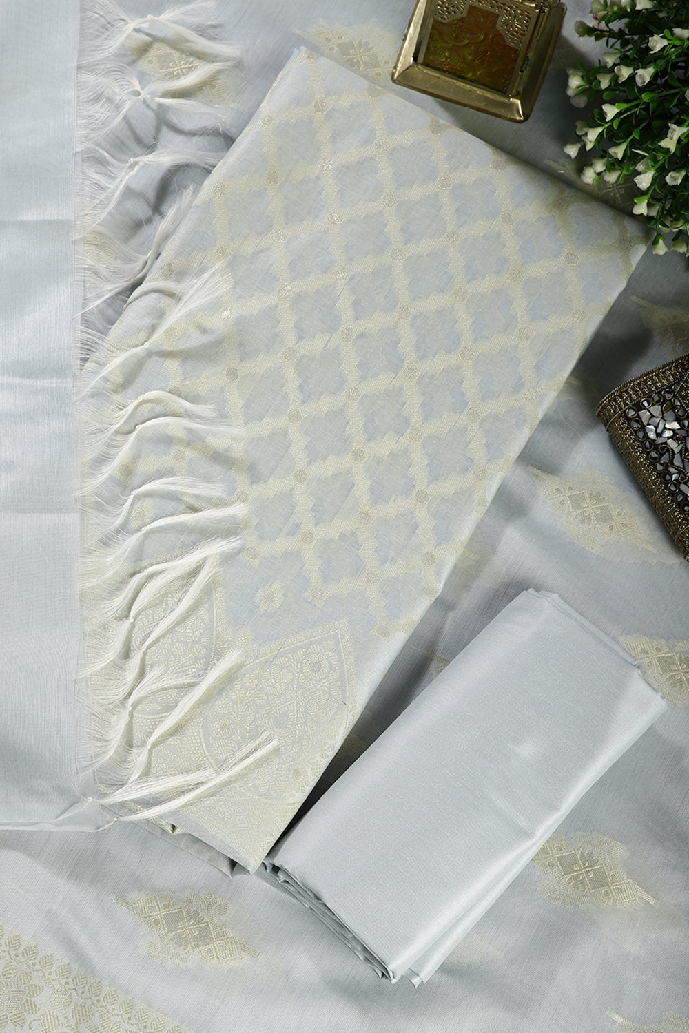 Light Grey Color Chanderi Cotton Woven Unstitched Suit Fabric