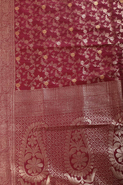 Dark Scarlet Floral Zaal Woven Silk Banarasi Saree