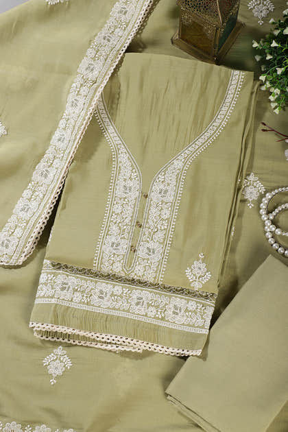 Olive Green Muslin Resham Embroidered Unstitched Suit Material