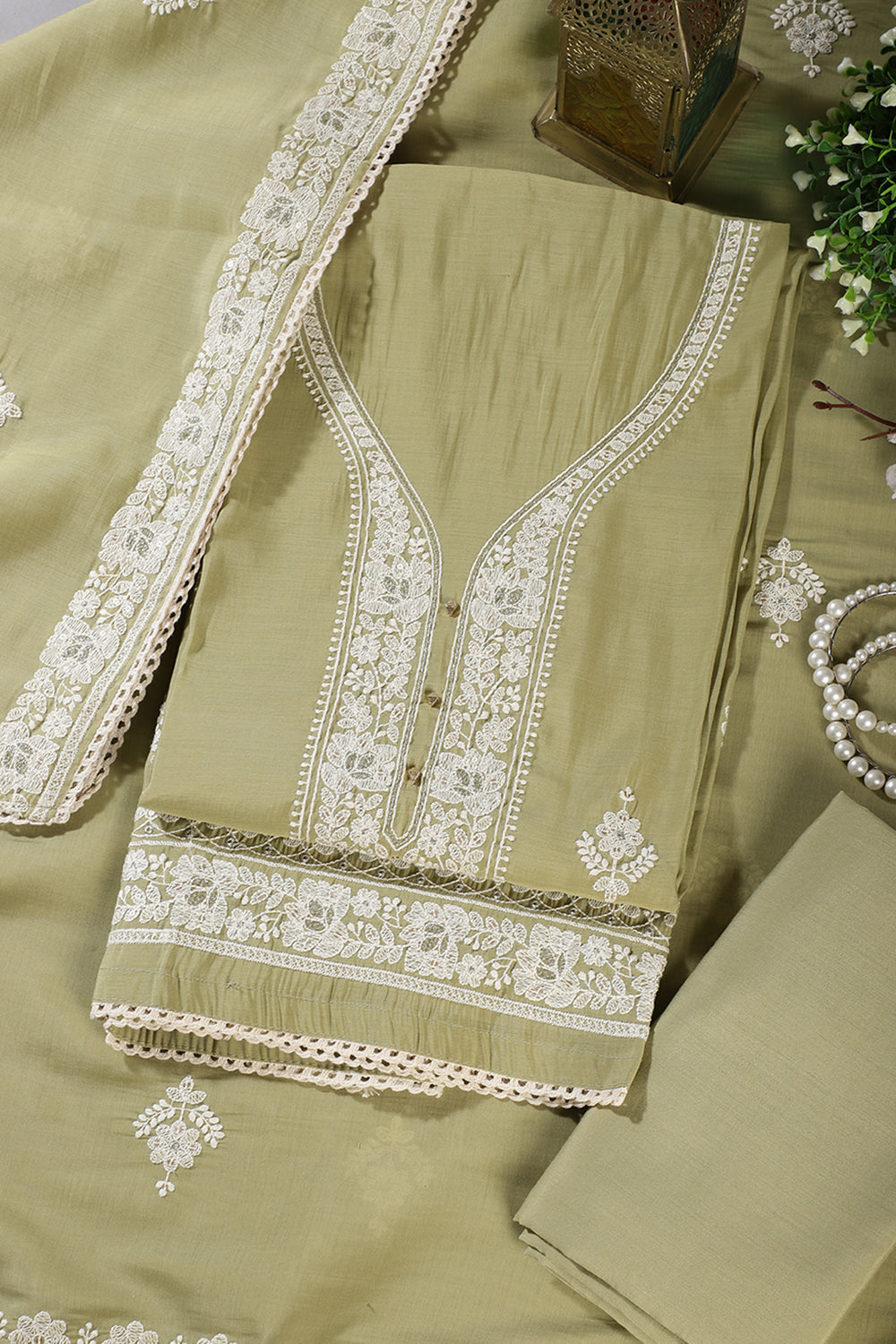 Olive Green Muslin Resham Embroidered Unstitched Suit Material