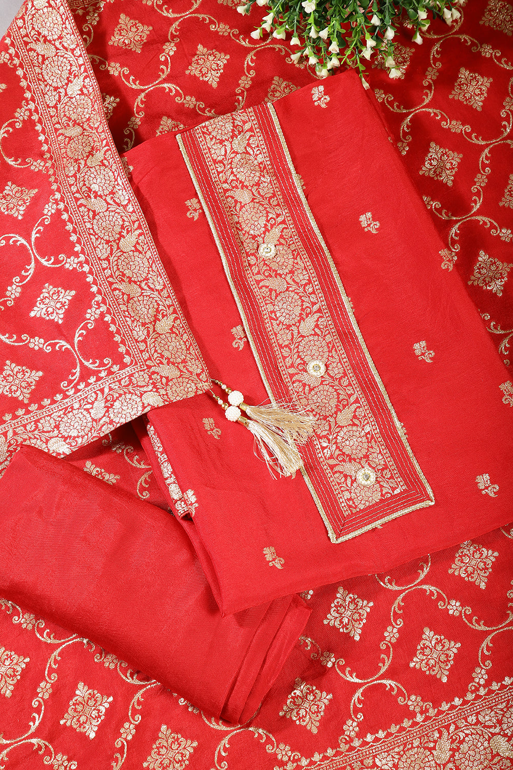 Red Color Crepe Silk Woven Unstitched Suit Material