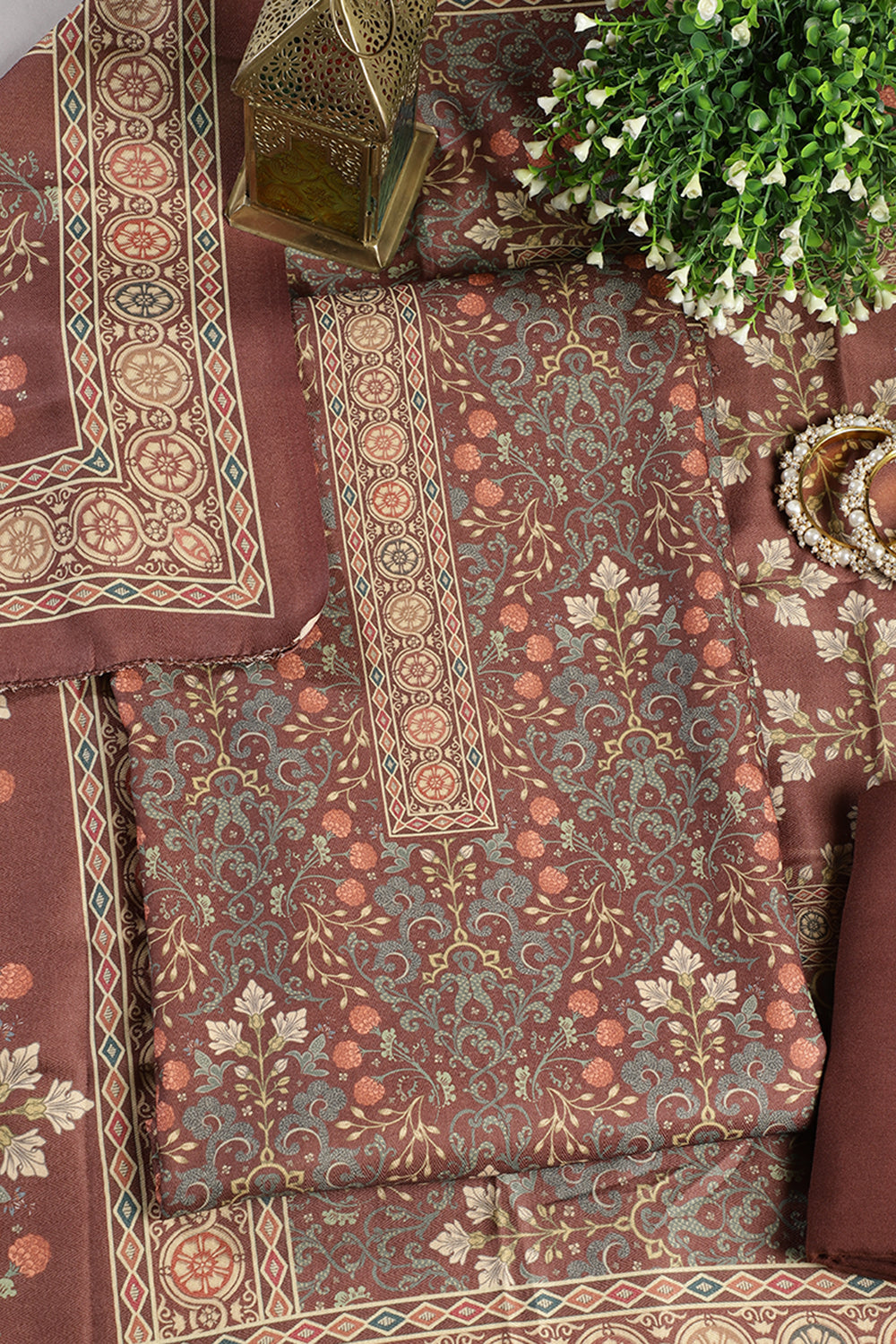 WIne Digital Printed Pashmina Unstitched Suit Fabric