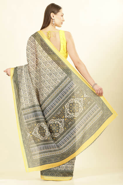 Olive Green Ajrakh Block Printed Cotton Saree