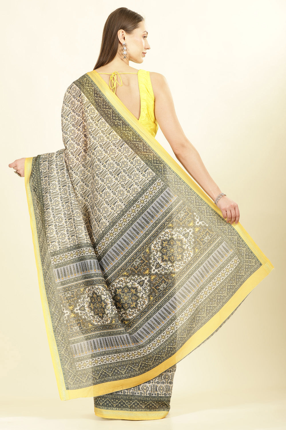 Olive Green Ajrakh Block Printed Cotton Saree