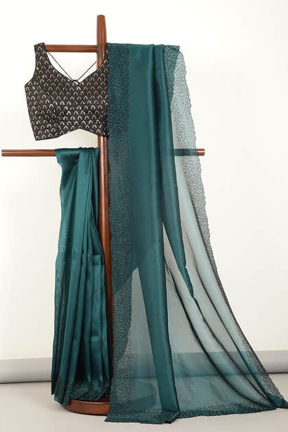 Bottle Green Color Tissue Silk Saree with Swarovski Border