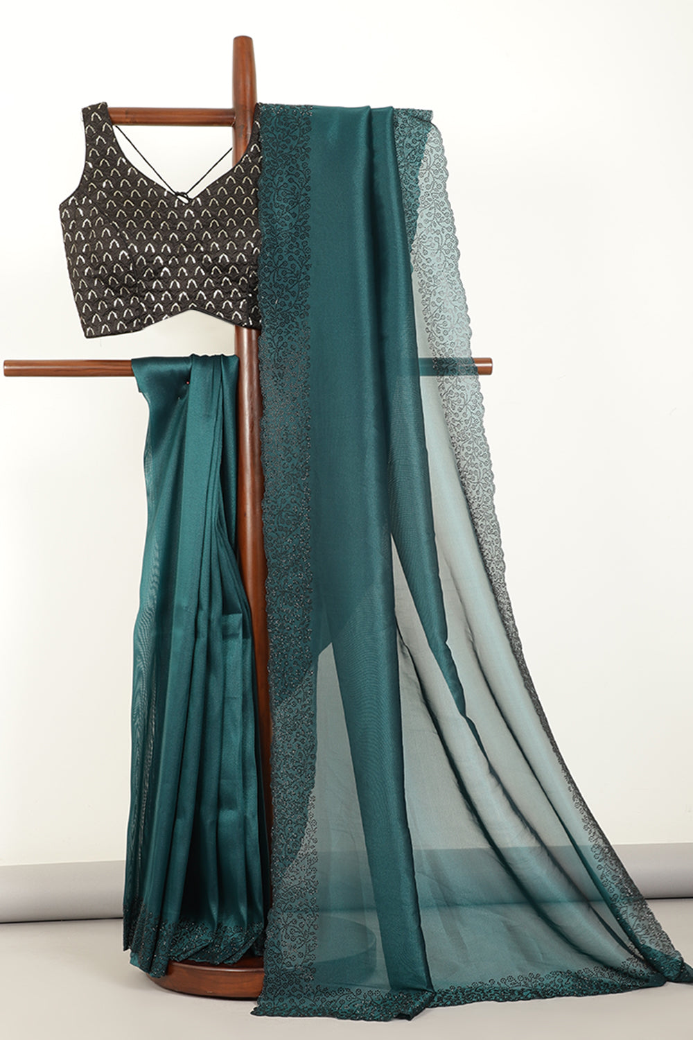 Bottle Green Color Tissue Silk Saree with Swarovski Border