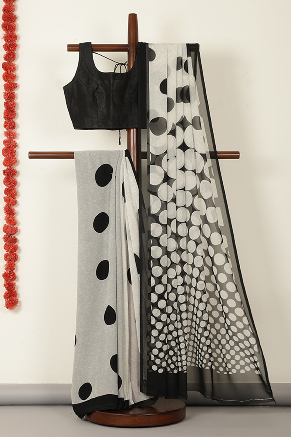Grey & Black Polka Dot Printed Georgette Saree