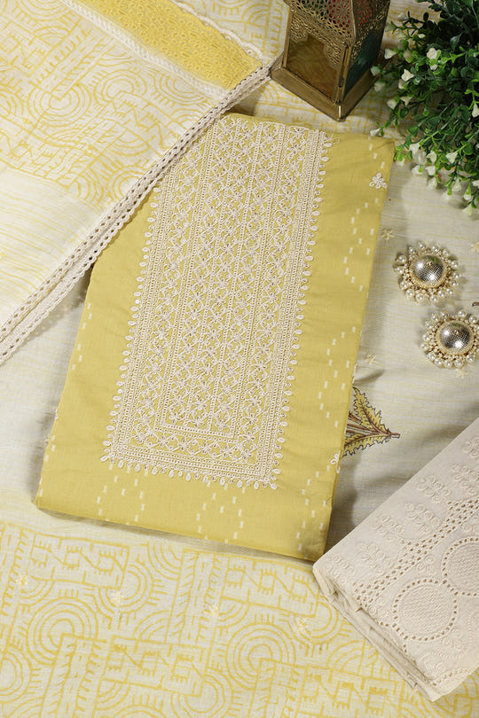 Mustard Colour Cotton Printed & Resham Neck Embroidered Unstitched Suit