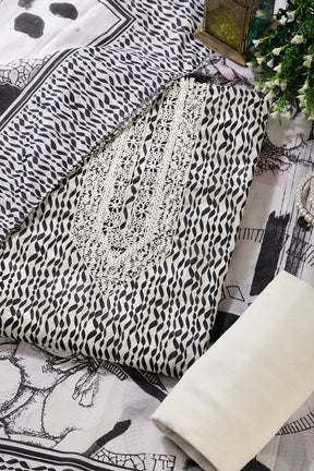 White & Black Rayon Cotton Printed & Neck Embroidered Unstitched Suit