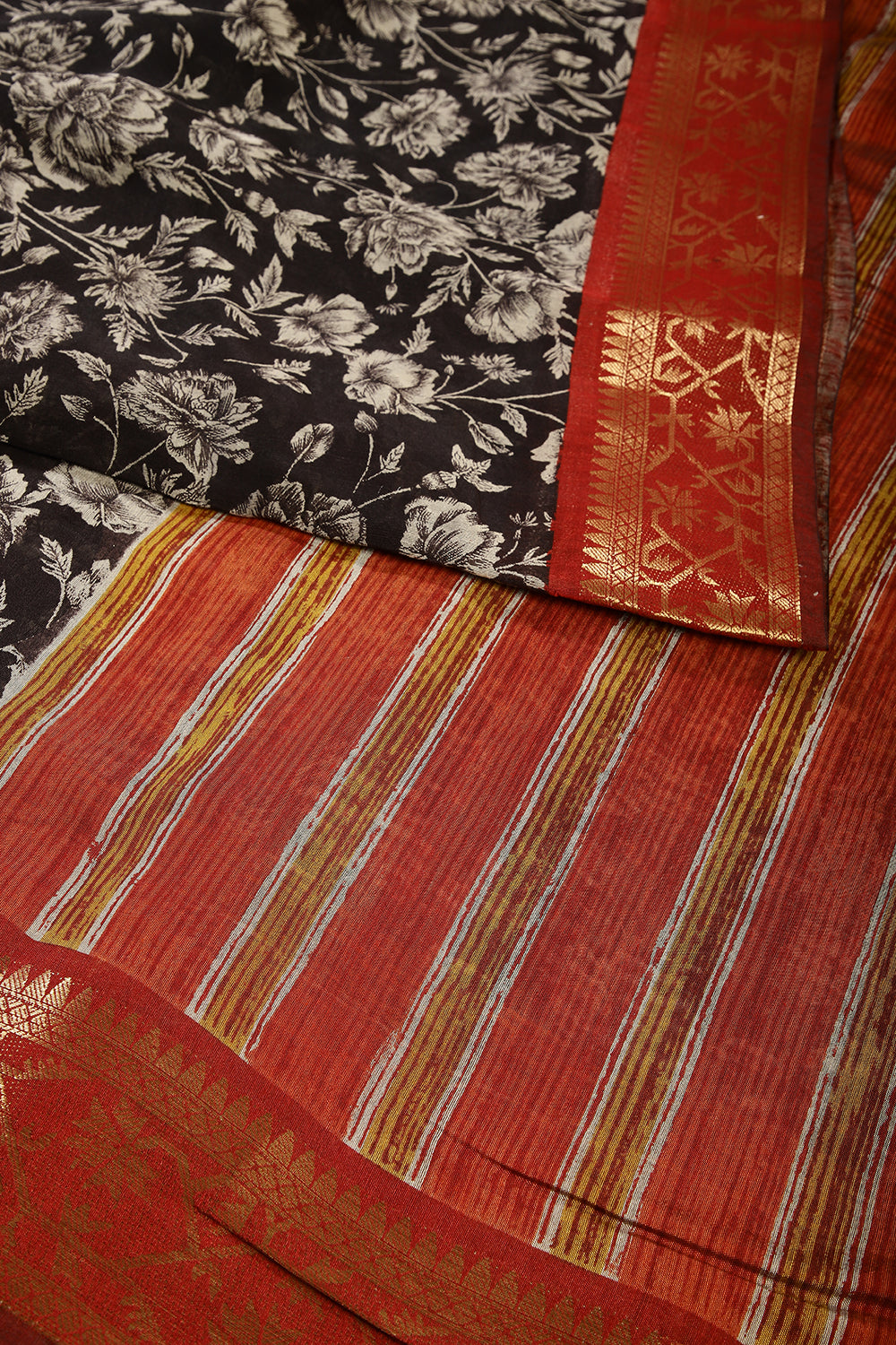 Black Color Printed Cotton Saree with Zari Border