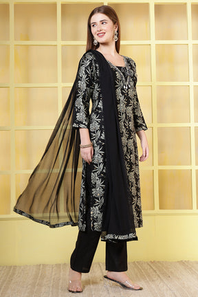 Black Floral Printed Cotton Suit Set