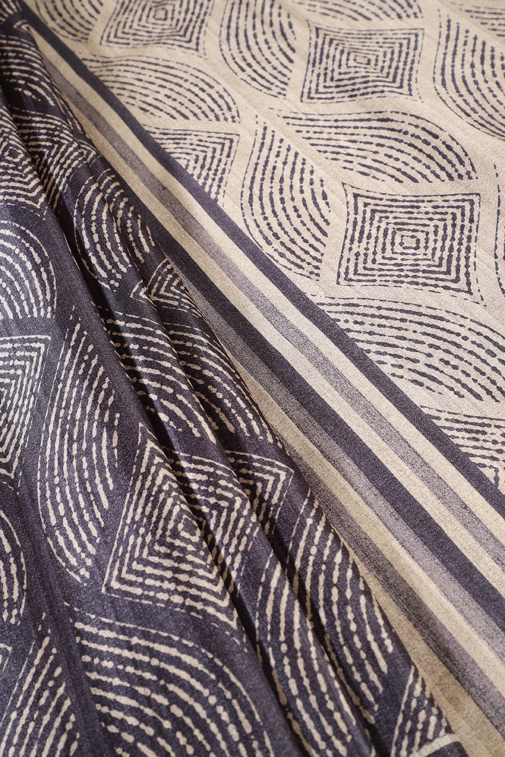 Beige & Navy Tussar Silk Printed Saree