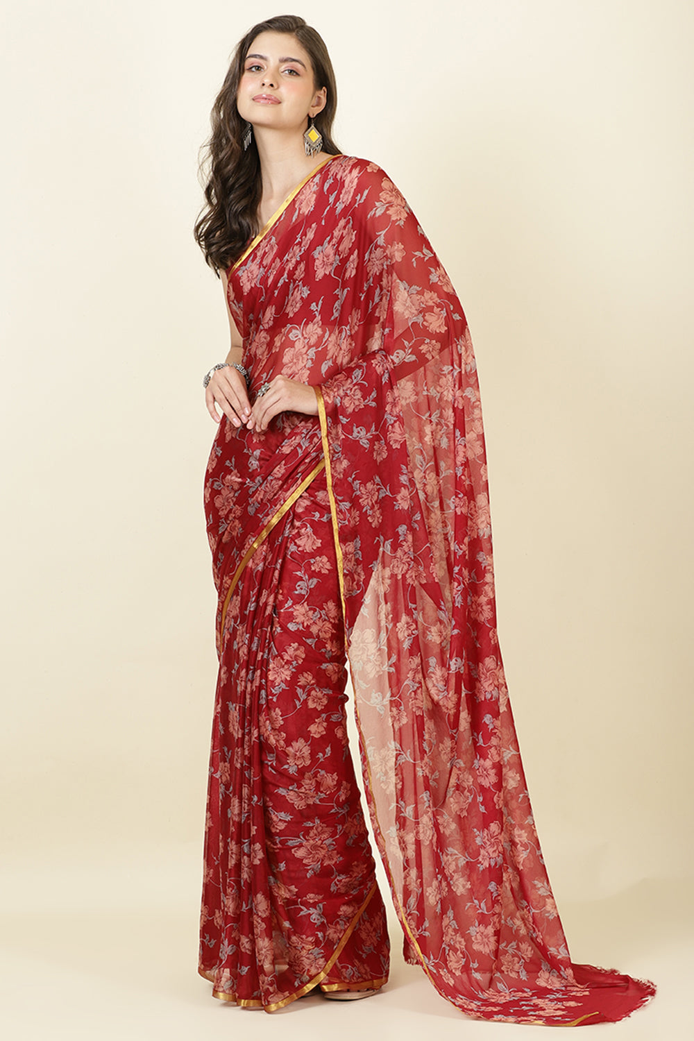 Maroon Zari Border & Floral Printed Chiffon Saree