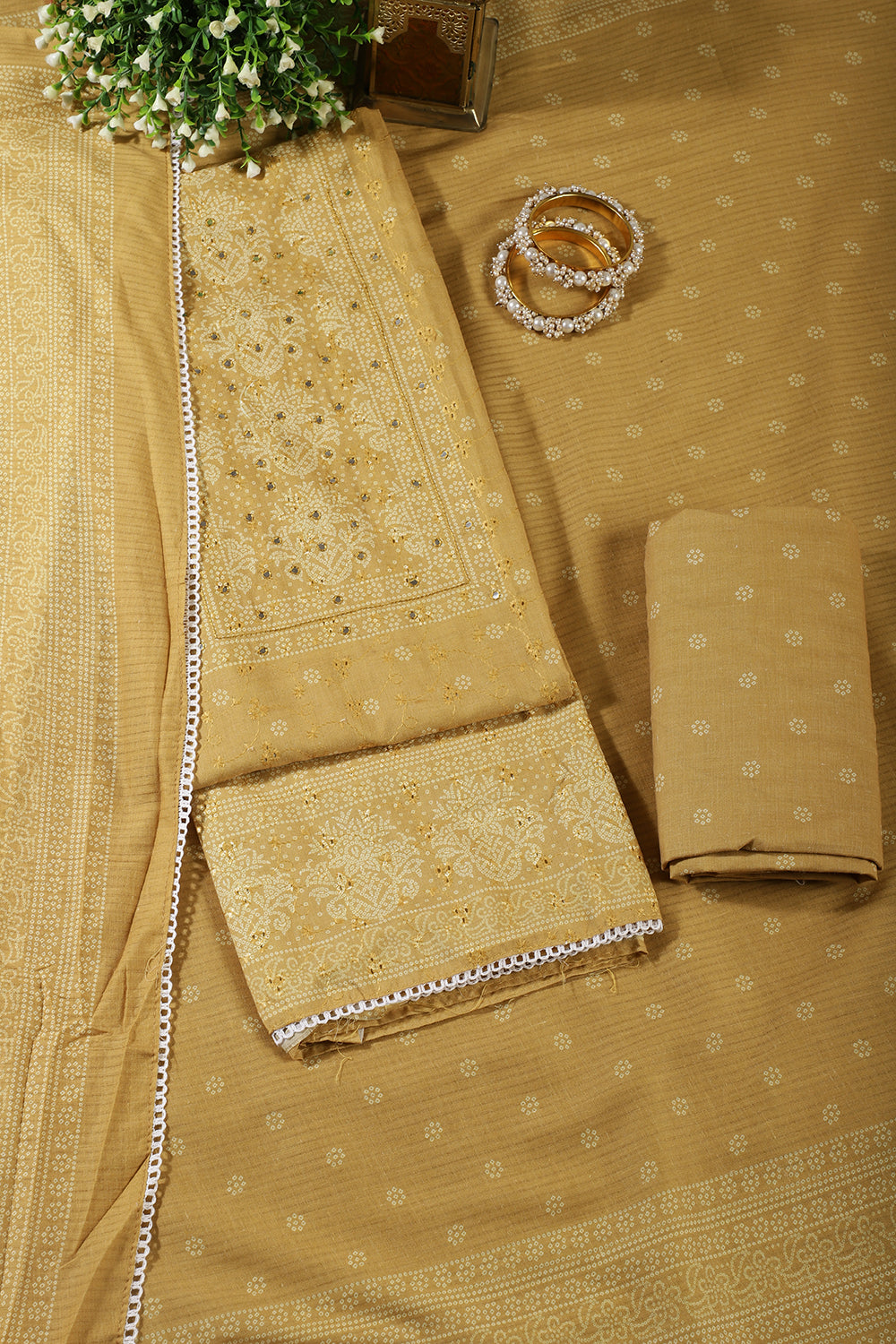 Mustard Color Resham & Mirror Embroidered Cotton Unstitched Suit Fabric
