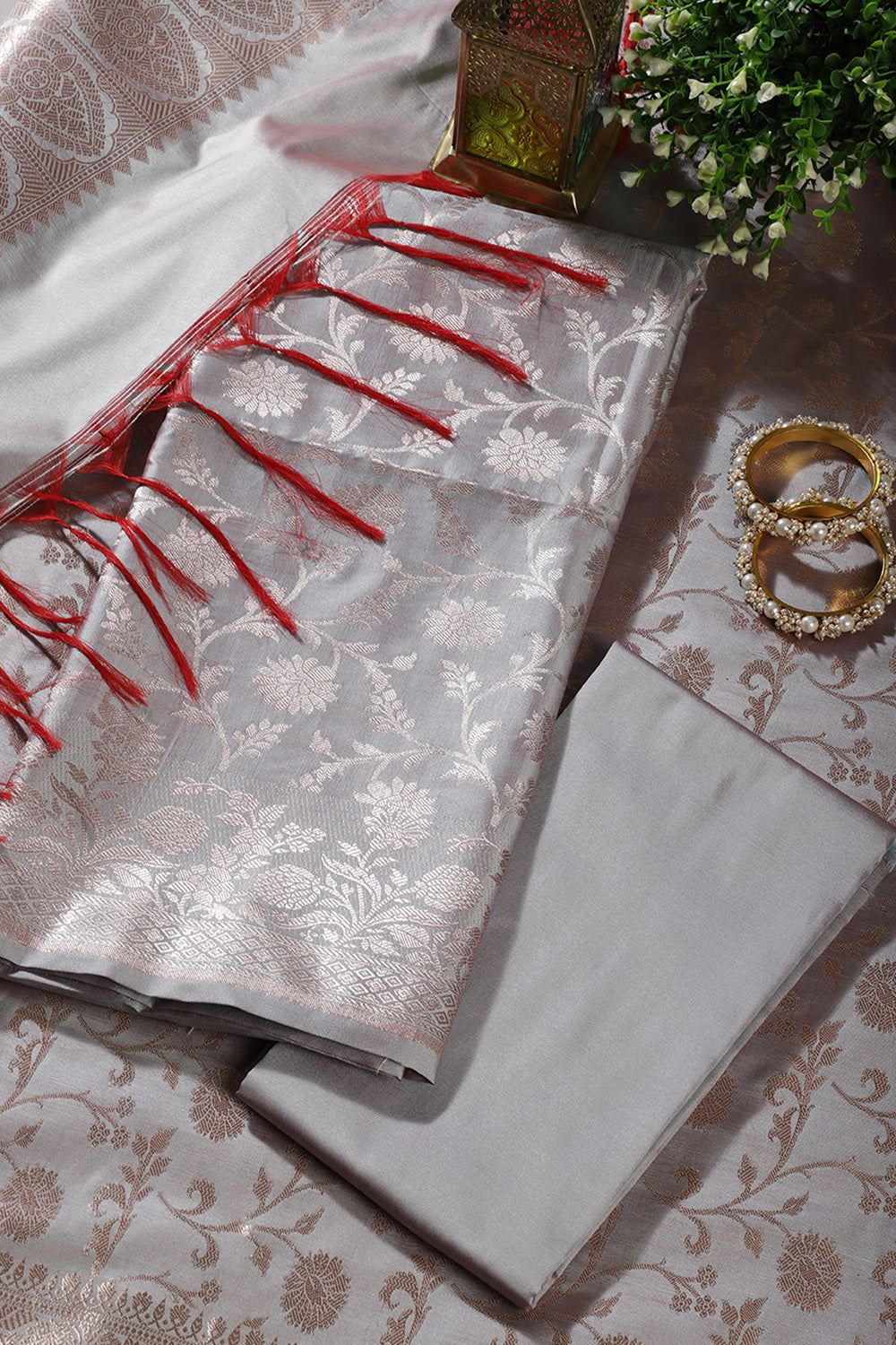 Grey Zari Floral Woven Unstitched Suit Fabric