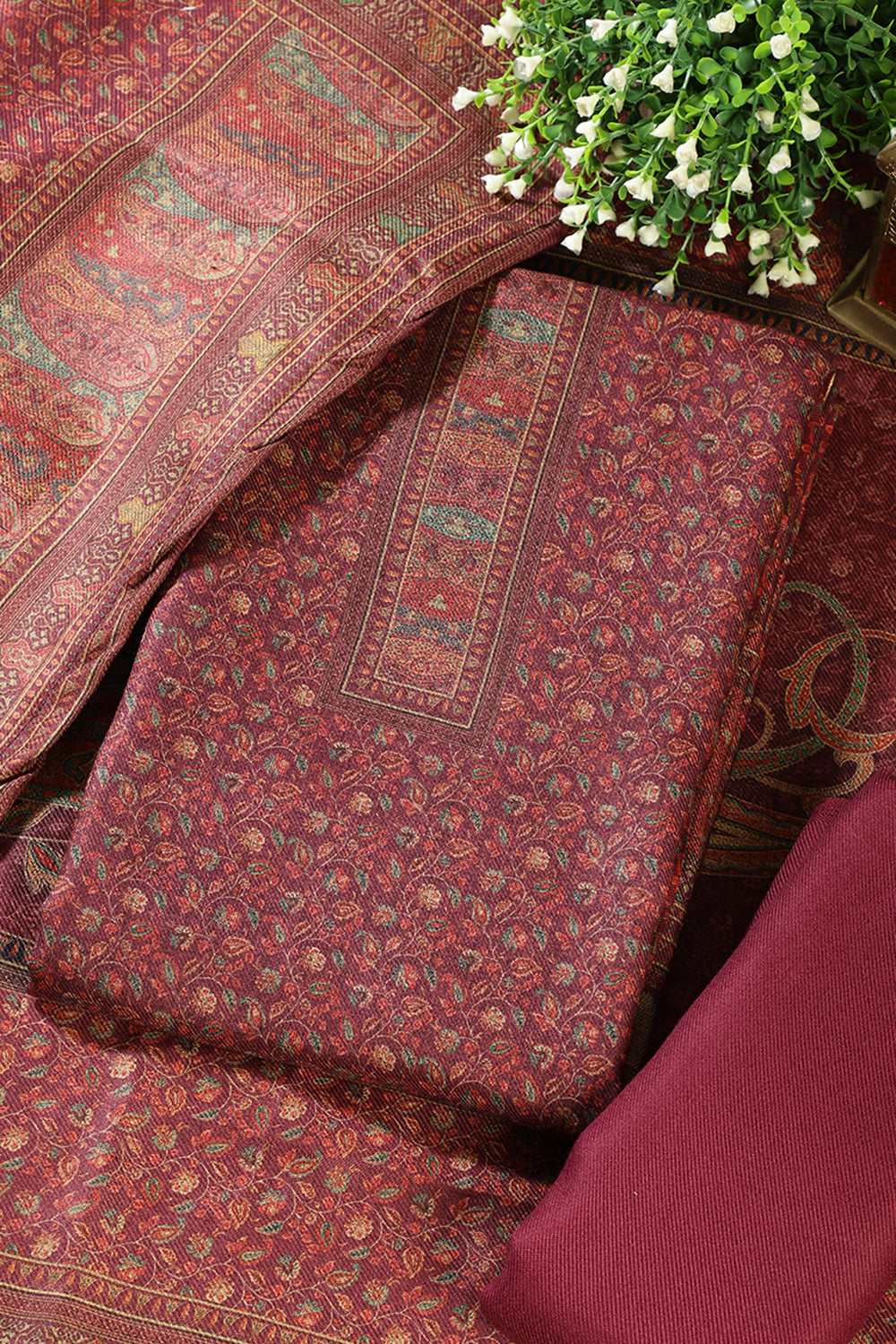 Dark Scarlet Pashmina Floral Printed Unstitched Suit Material