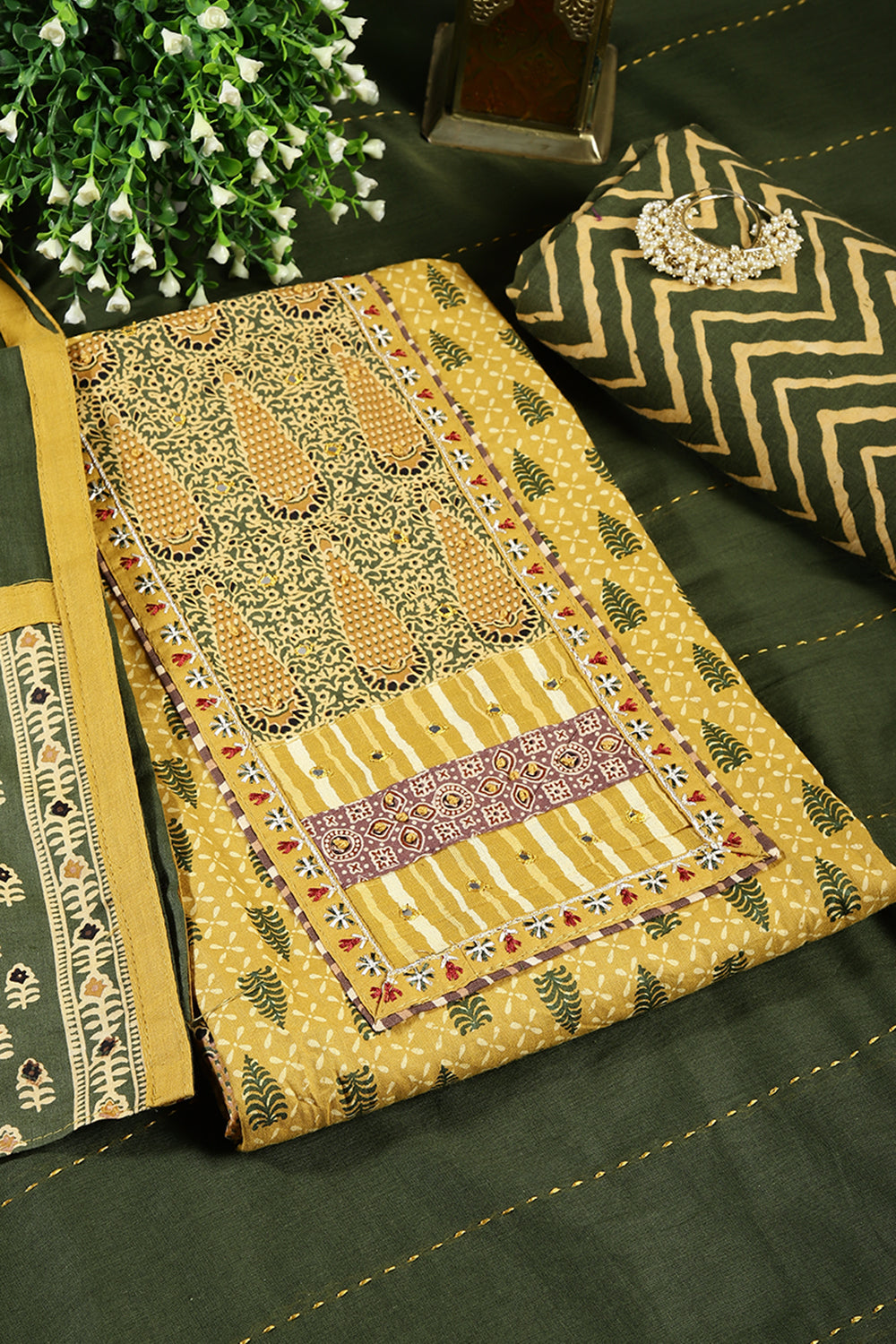 Mustard & Green Color Twill Cotton Printed Unstitched Suit Material