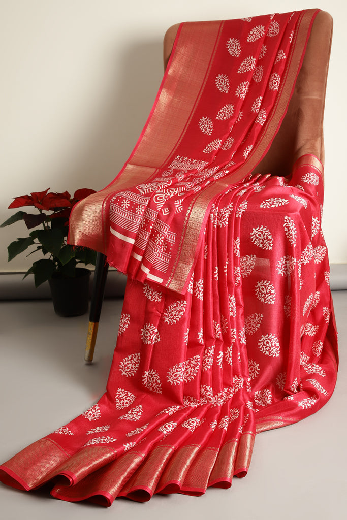 Venetian Red Color Block Printed Cotton Silk Saree