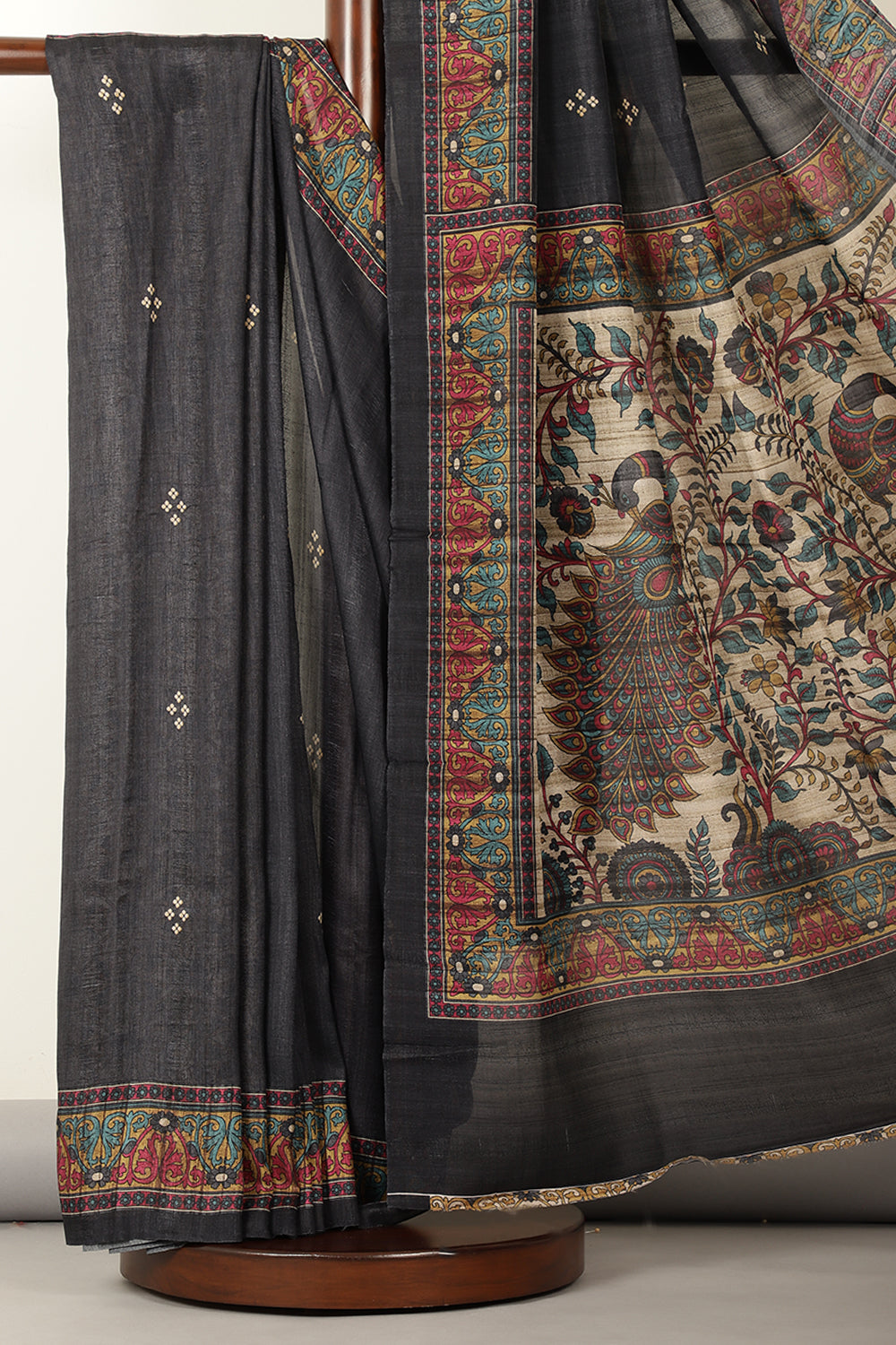 Black Madhubani Printed Tussar Silk Saree