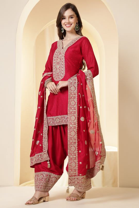 Rani Silk Zari Embroidered Suit With Farsi Salwar