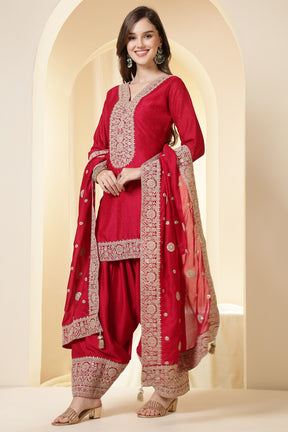 Rani Silk Zari Embroidered Suit With Parsi Salwar
