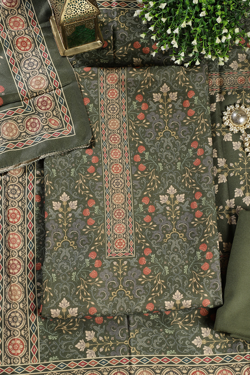 Green Digital Printed Pashmina Unstitched Suit Fabric